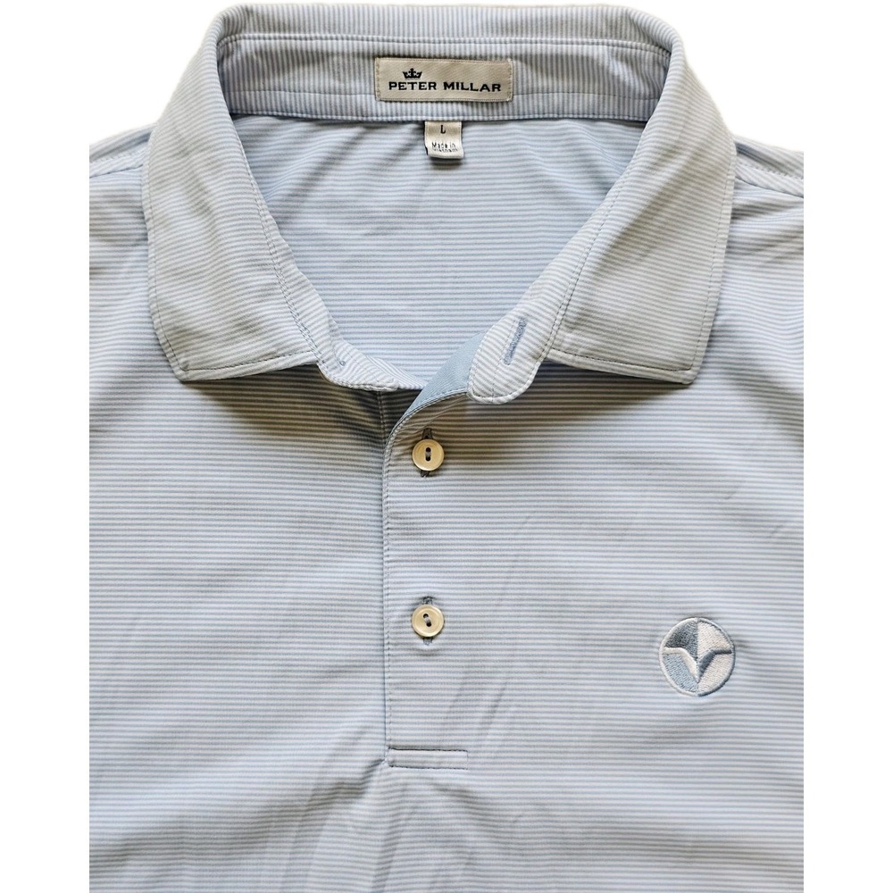 Peter Millar Polo Mens Large Light Blue Pencil Stripe Performance Jersey Golf